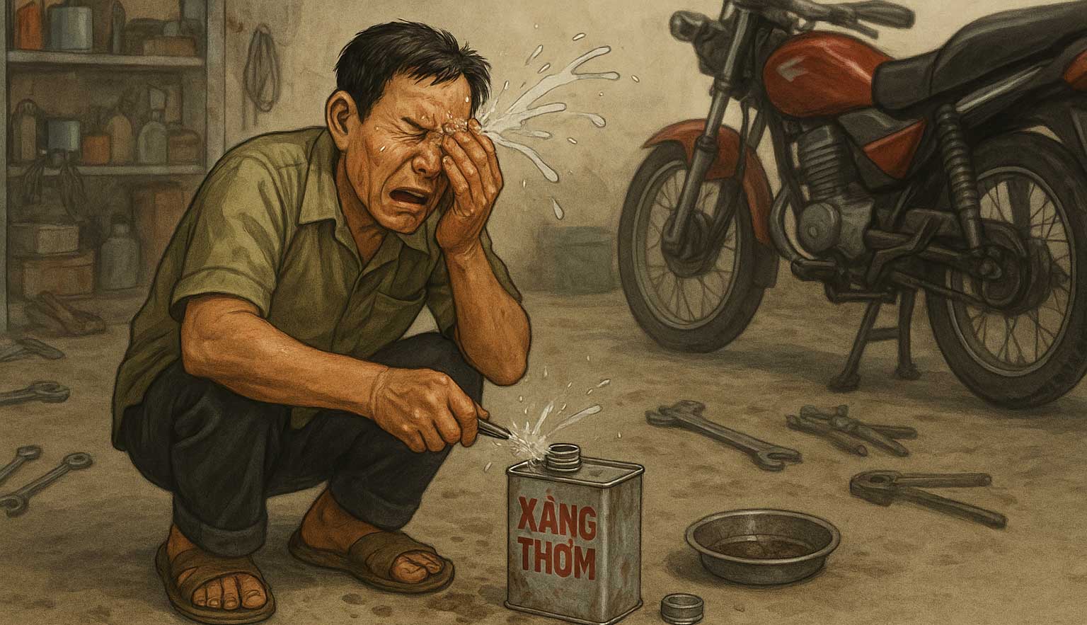 Người đàn ông bỏng mắt vì dùng xăng thơm vệ sinh không đeo kính bảo hộ