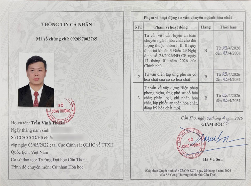 Chứng chỉ tư vấn chuyên ngành hóa chất